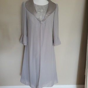 JJ's House Lace Overlay Cape Cardigan Knee Length Ruffle Sleeve Silver Size 8